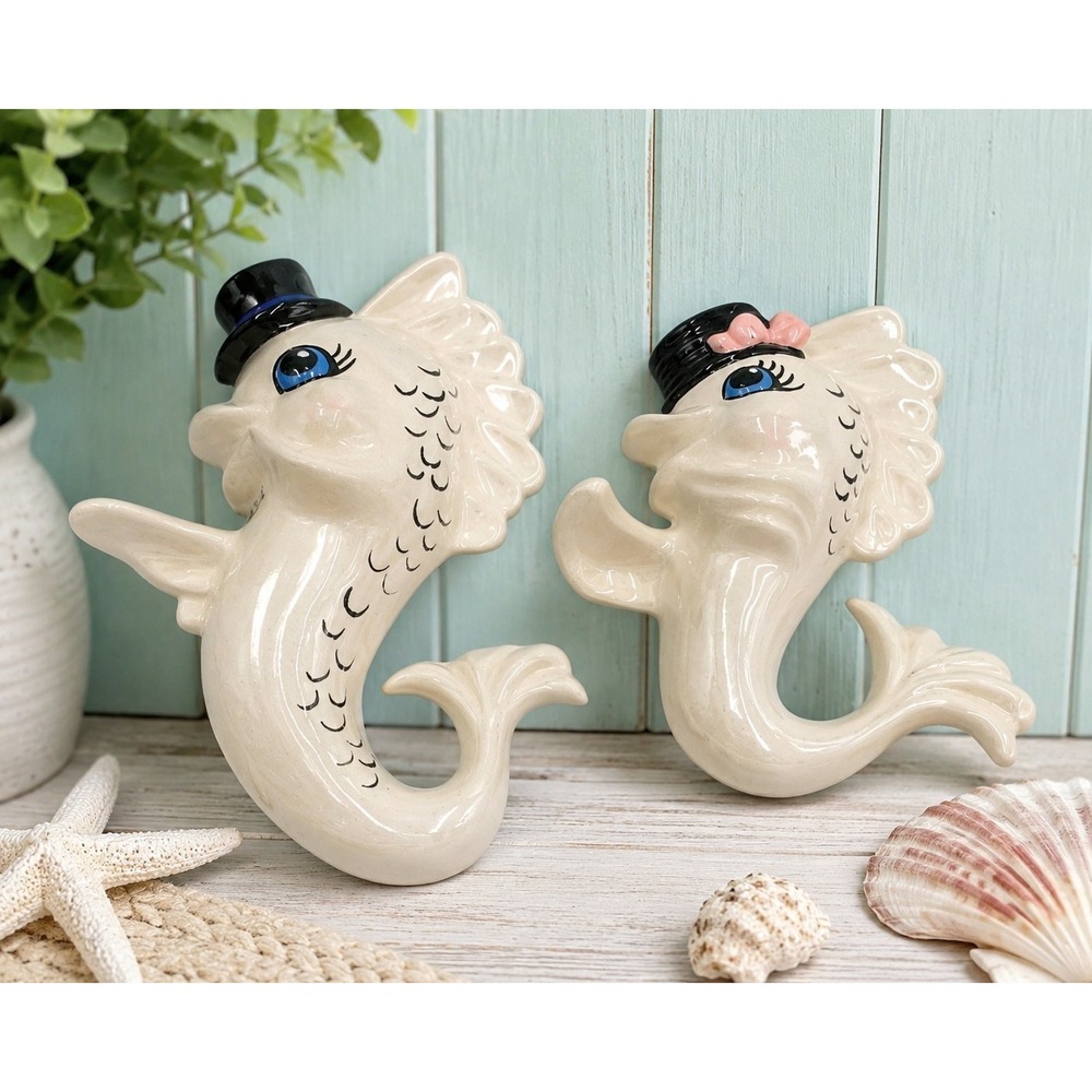 Arnels Vintage Anthropomorphic Fish Wall Plaques Retro Coastal Ceramic Pair